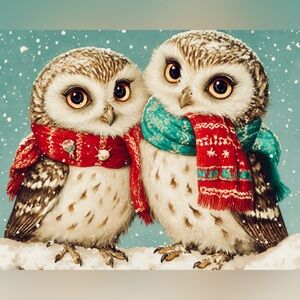 8x10 Holiday Winter Owls in Red and Green Scarves Photo Print